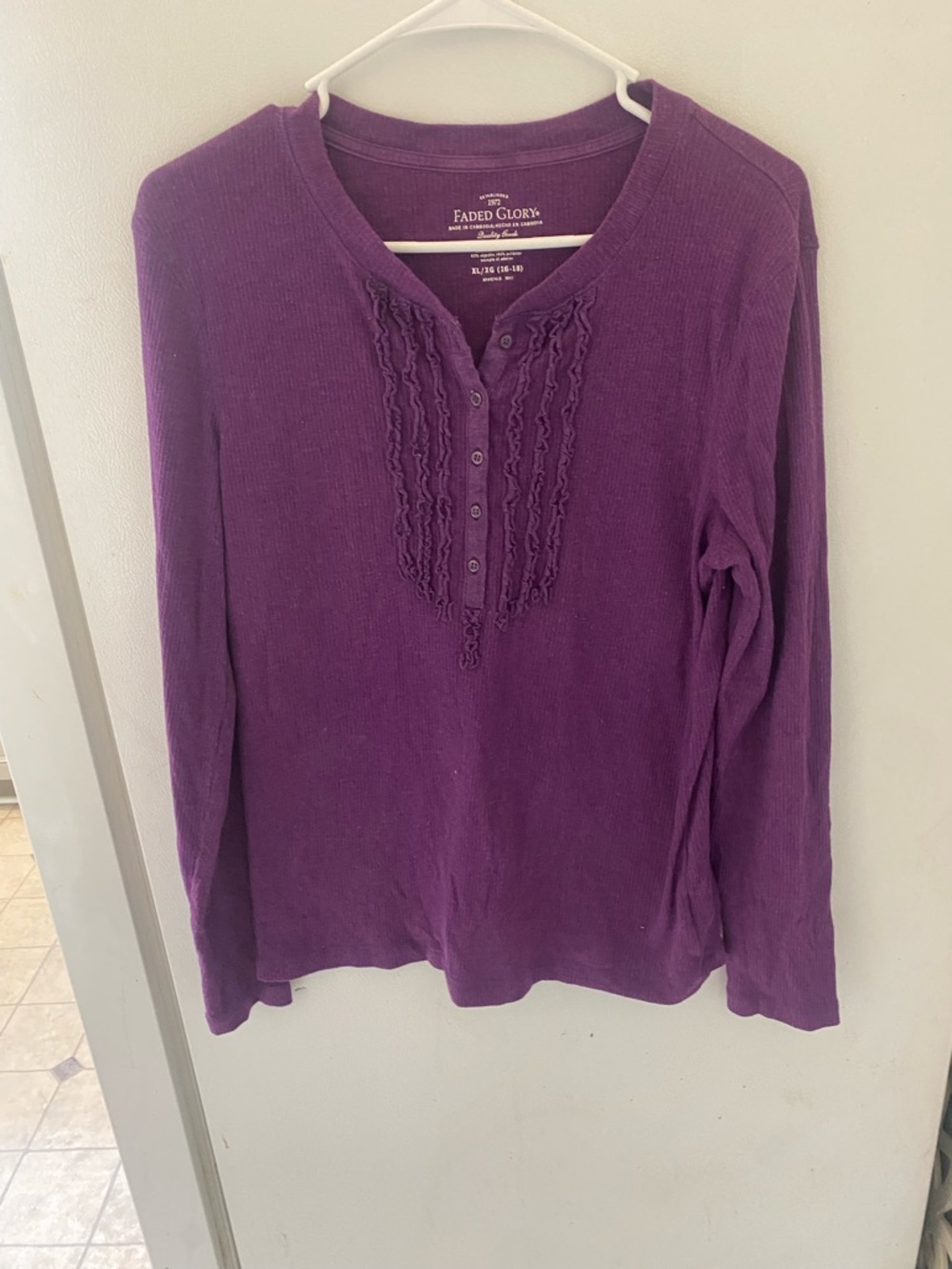 Faded Glory Women's Purple Ruffle Henley Long-Sleeve Top